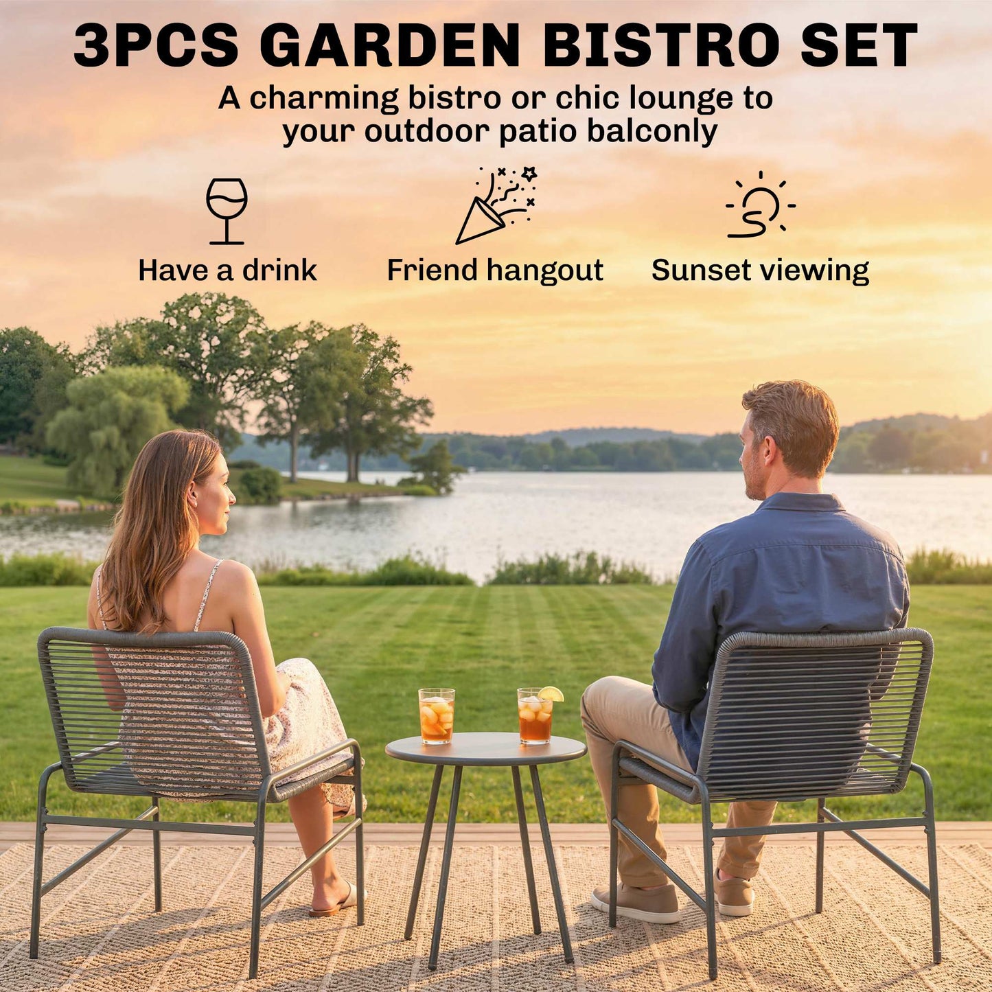 Rattan Bistro Set with 2 Chairs & Round Table for Patio, Dark Grey