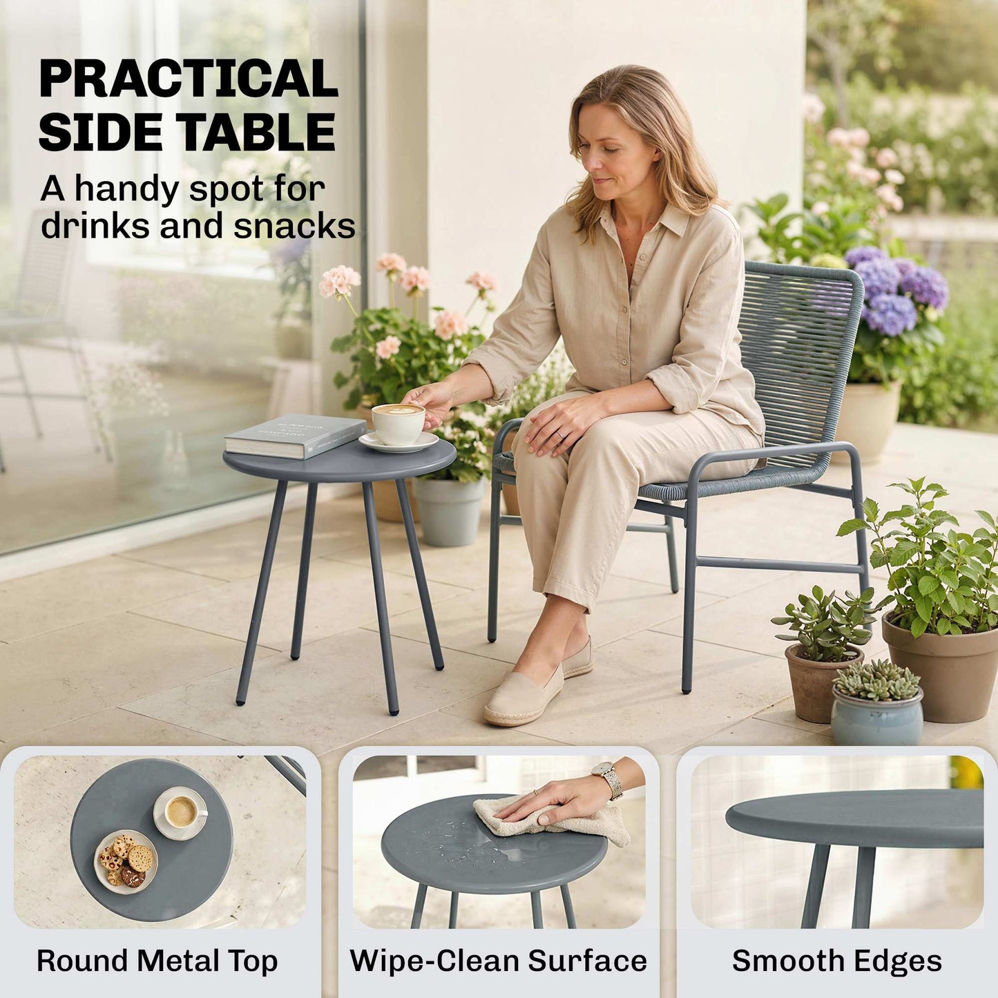 Rattan Bistro Set with 2 Chairs & Round Table for Patio, Dark Grey