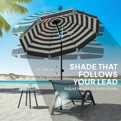 1.8 m Beach Umbrella Parasol with Sand Anchor, Tilt, Grey/White