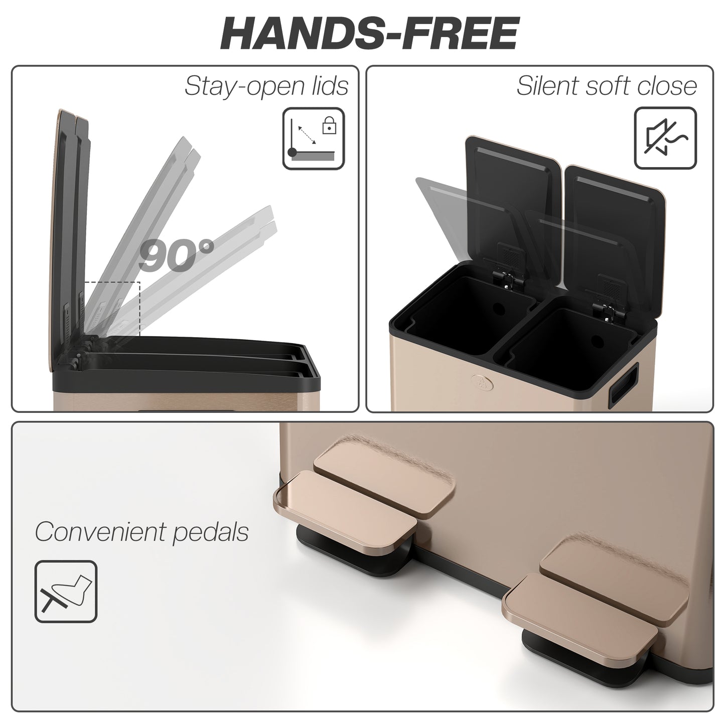 2 x 15L Dual Kitchen Bin Pedal Bin for Recycling and Waste, Gold Tone