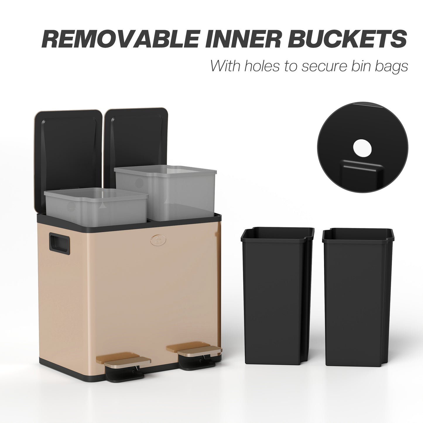 2 x 15L Dual Kitchen Bin Pedal Bin for Recycling and Waste, Gold Tone