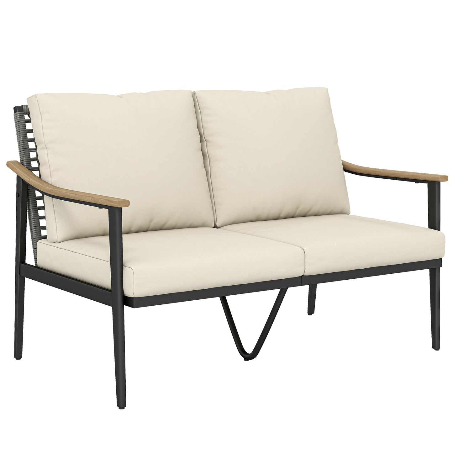 2 Seater Rattan Garden Sofa with Wood-Effect Arms, Cushions, Khaki