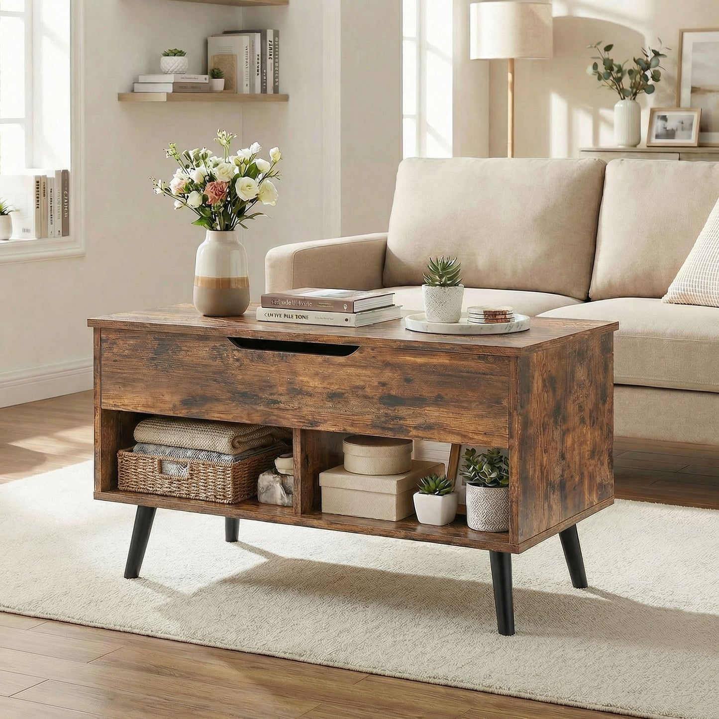 Lift Top Coffee Table Hidden Storage 75 cm Rustic Brown