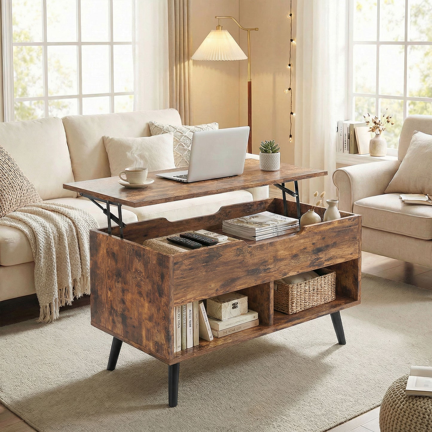Lift Top Coffee Table Hidden Storage 75 cm Rustic Brown