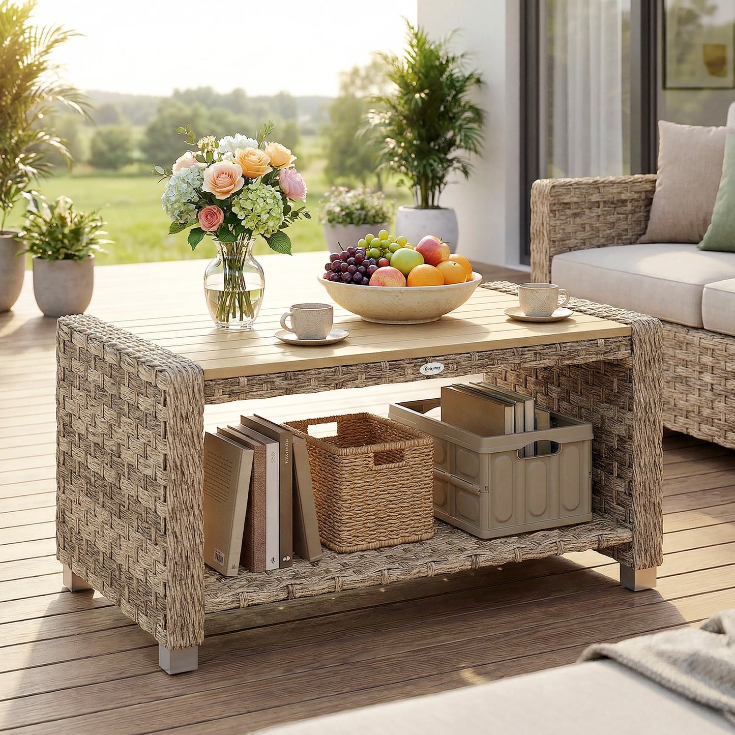 Outdoor Coffee Table with Storage Shelf and Slatted Top, Light Brown