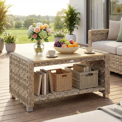 Outdoor Coffee Table with Storage Shelf and Slatted Top, Light Brown