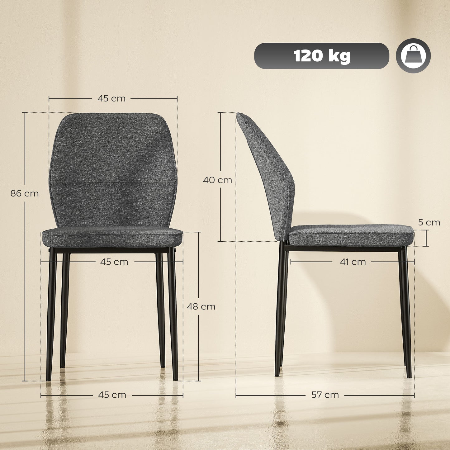 Set of 2 Dining Chairs with Curved Back Padded Seat for Kitchen Grey