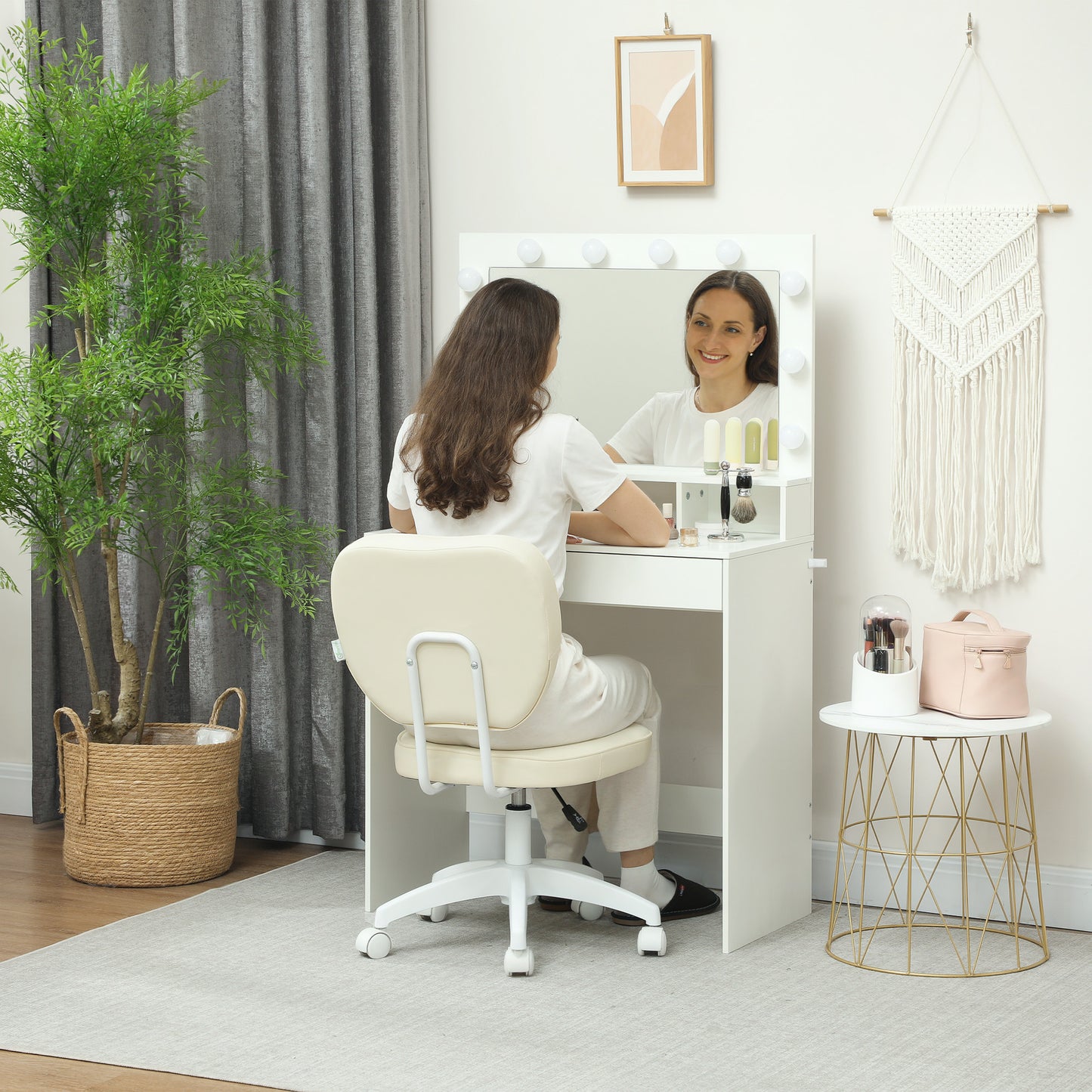 Vanity Task Chair with Adjustable Height, Armless, Cream
