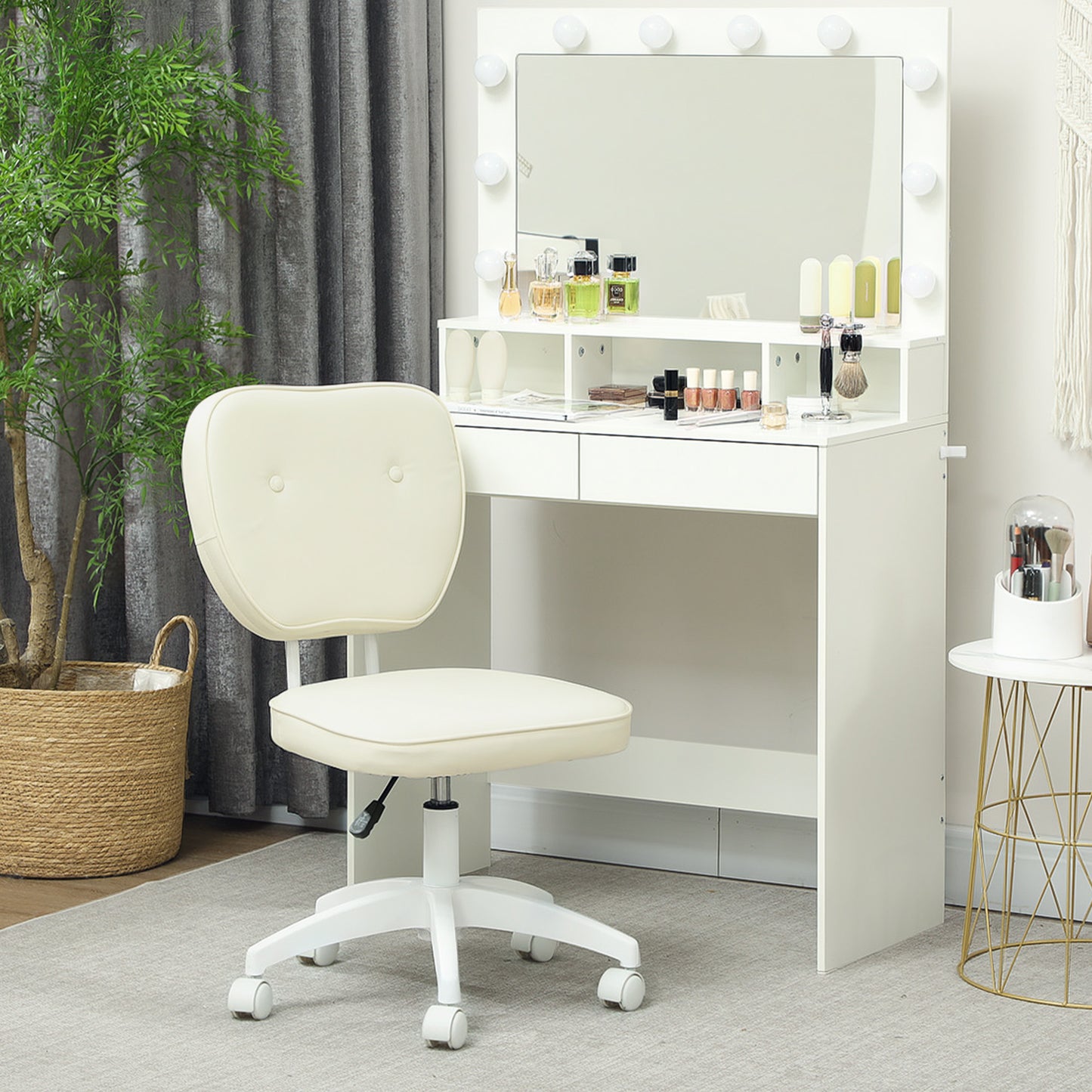 Vanity Task Chair with Adjustable Height, Armless, Cream