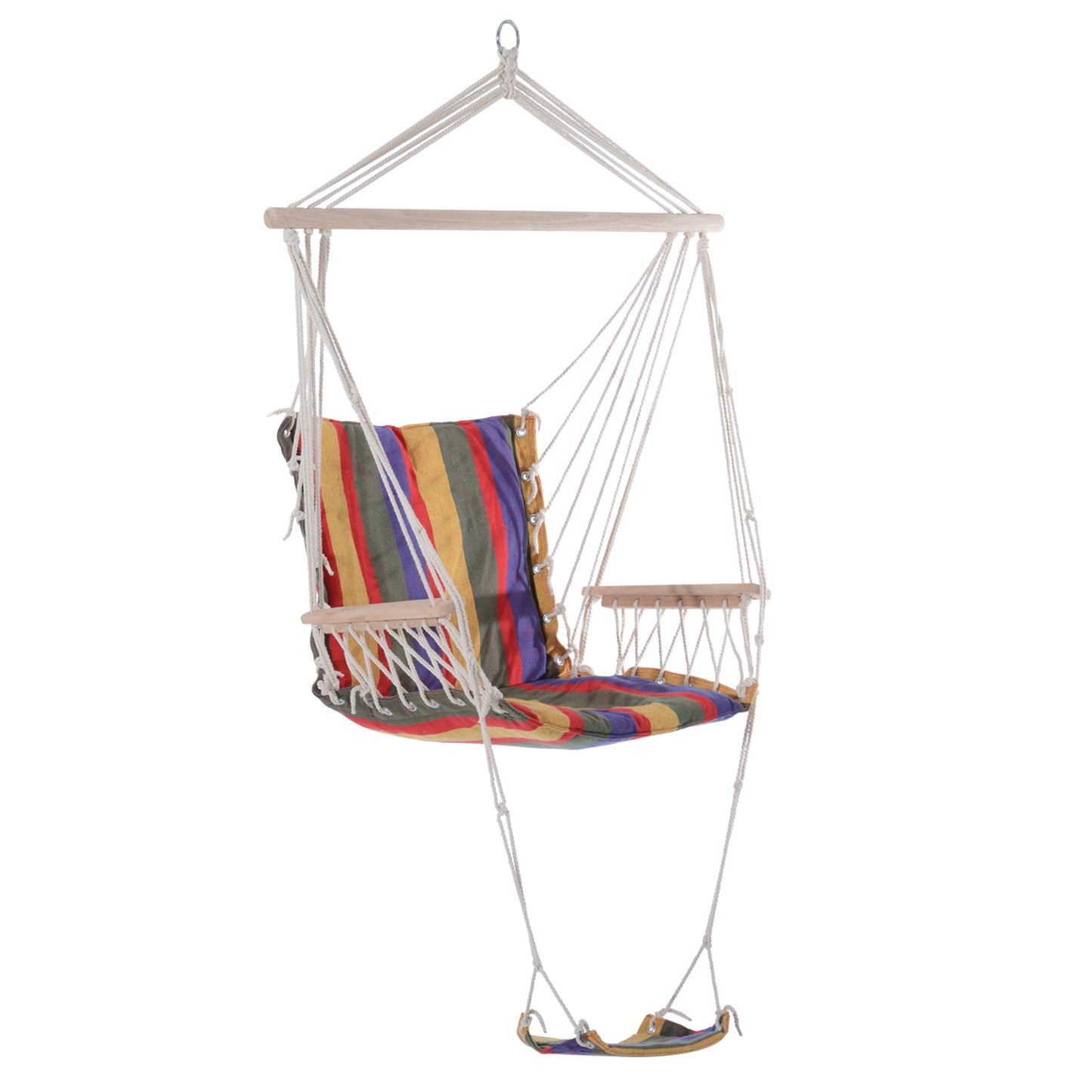 Outdoor Hammock Hanging Rope Chair Garden Yard Patio Swing Seat Wooden w/ Footrest Armrest Cotton Cloth (Red)