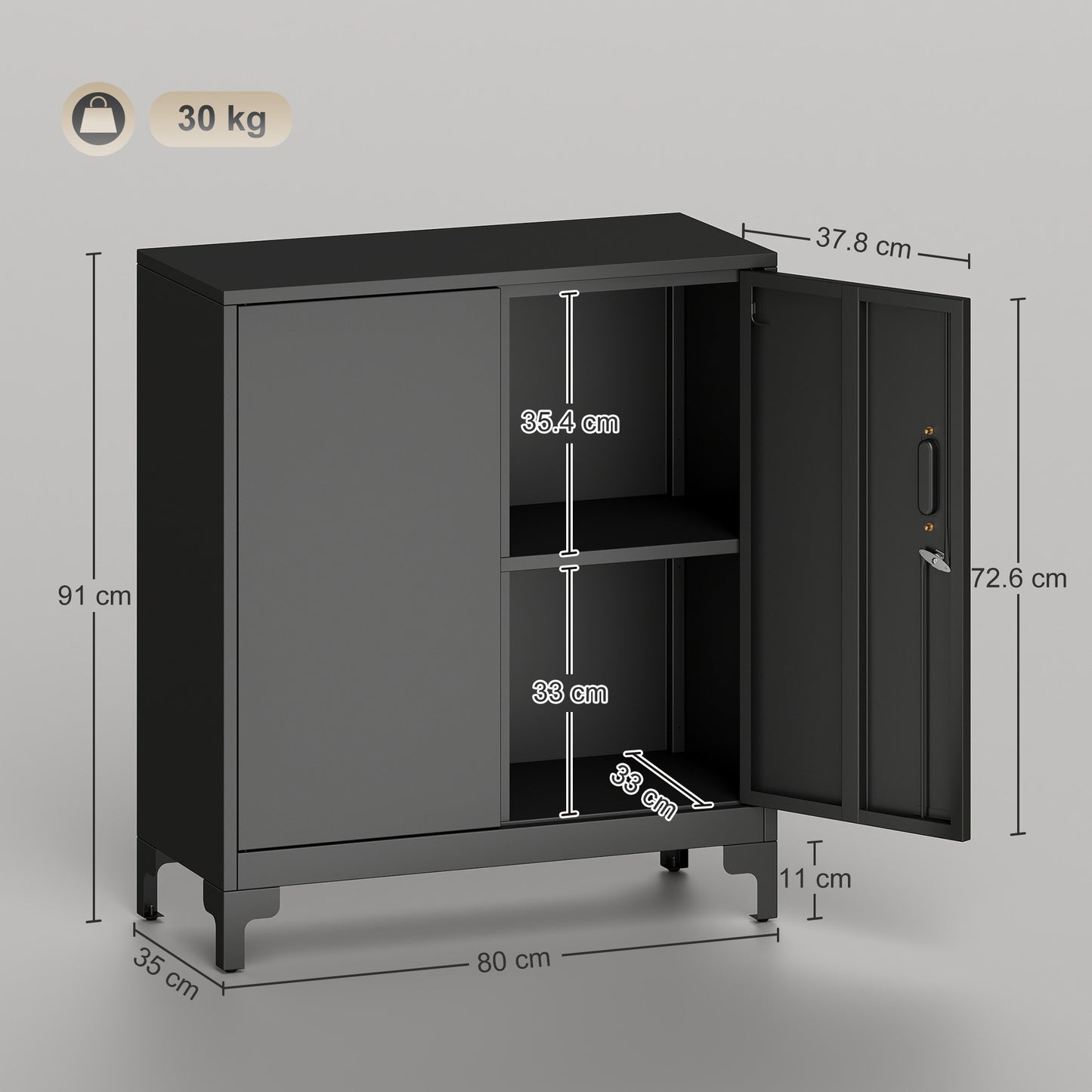 Lockable Metal Filing Cabinet, 2-Tier Storage Cupboard, Black