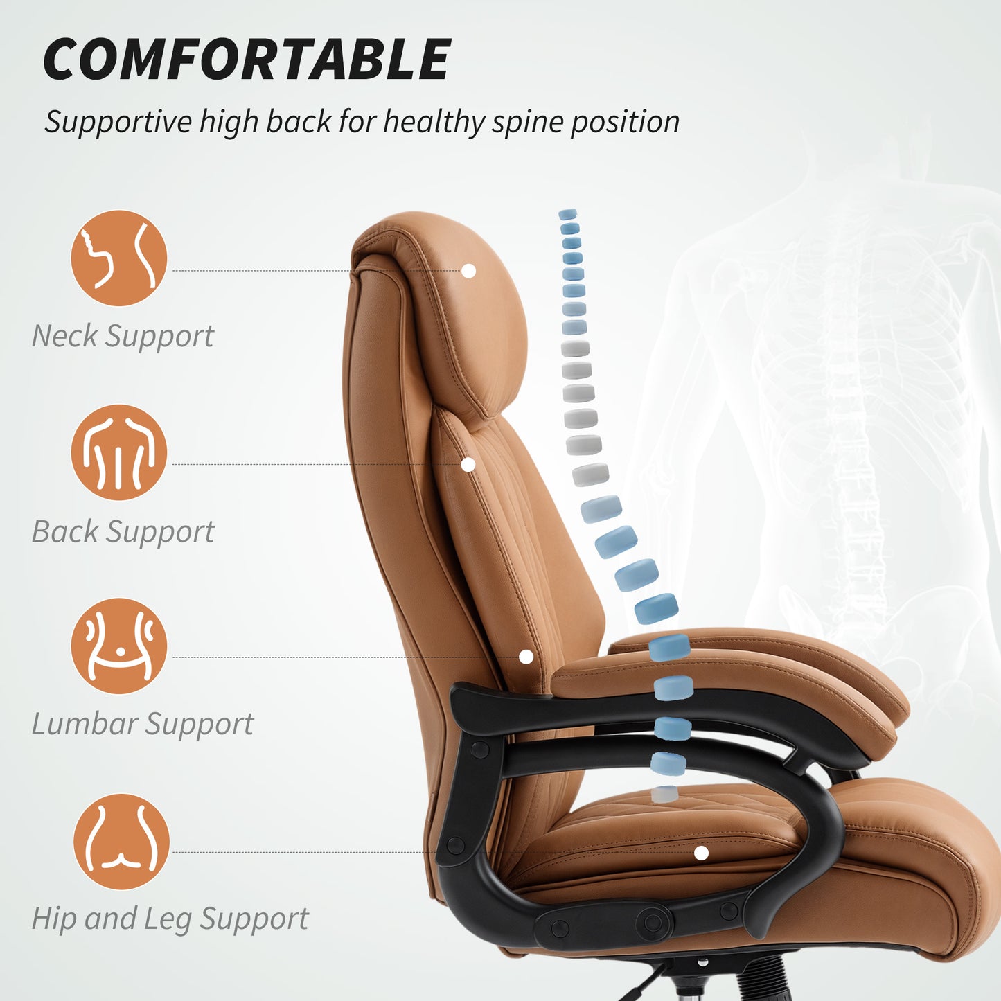 PU Leather Office Chair with Spring Padding, Swivel Wheels, Brown