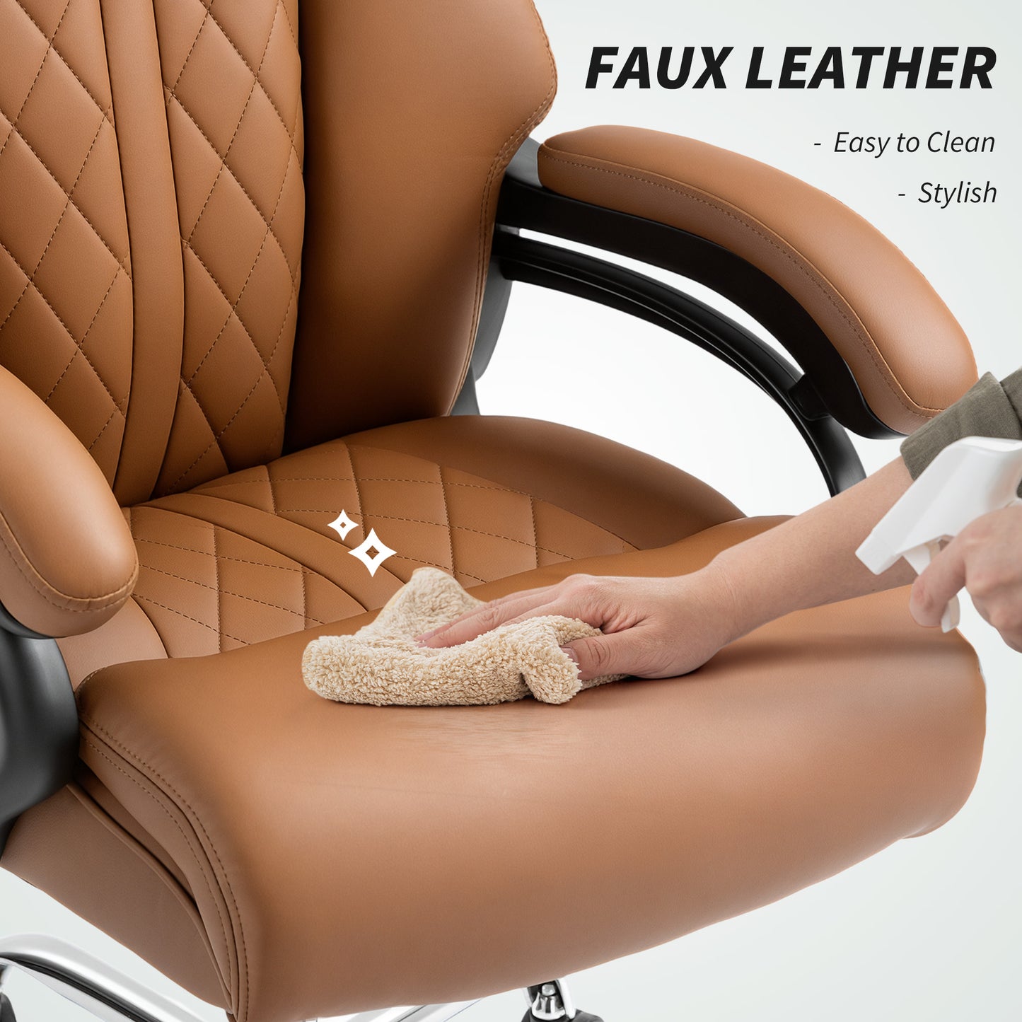 PU Leather Office Chair with Spring Padding, Swivel Wheels, Brown