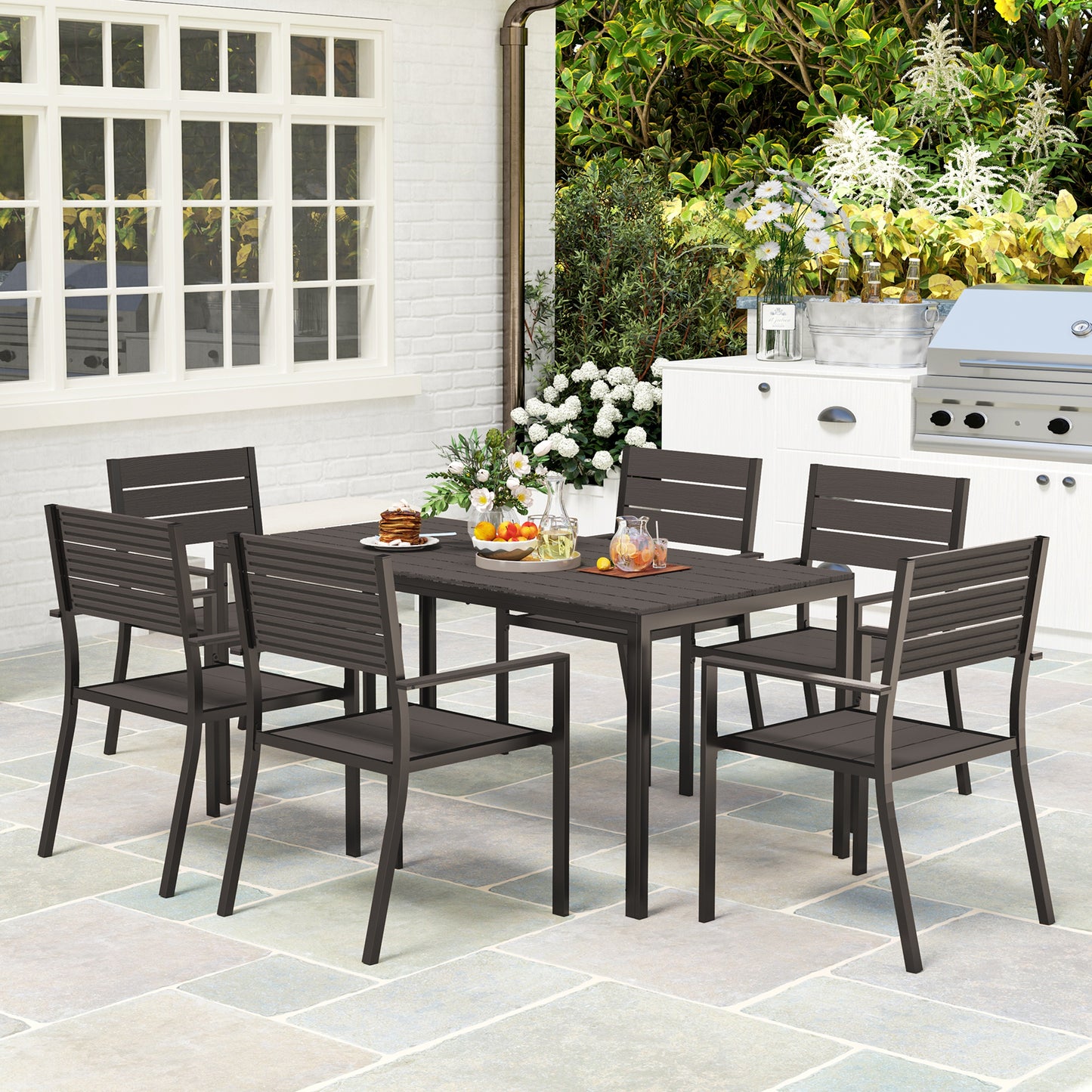 7 Piece Garden Furniture Set with Table and 6 Stackable Chairs