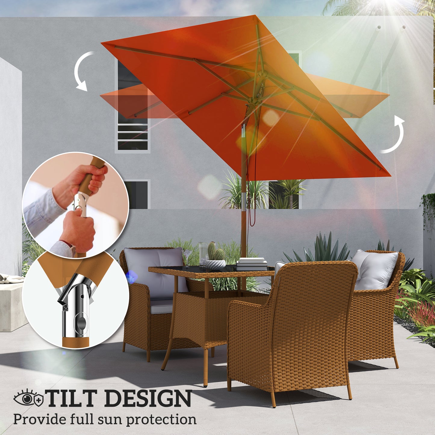 Wooden Patio Umbrella Market Parasol Outdoor Sunshade Orange
