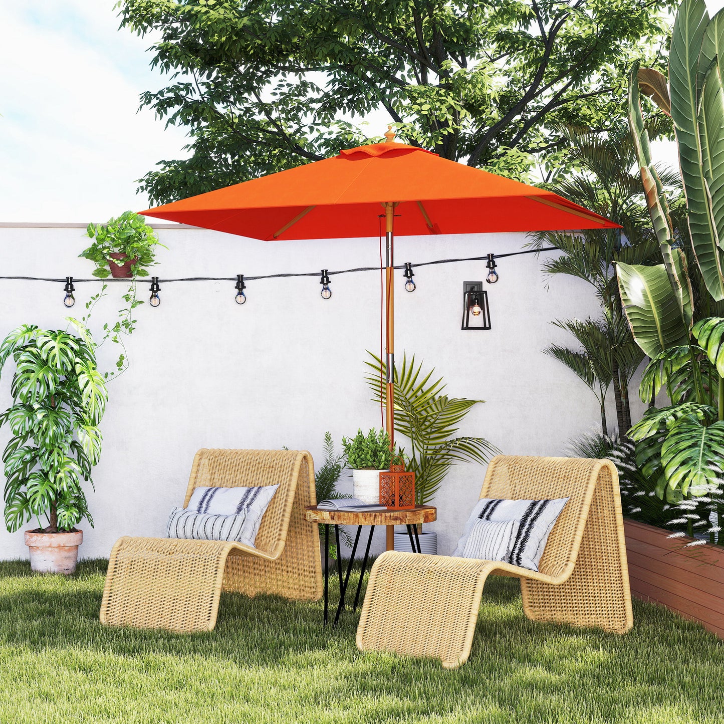 Wooden Patio Umbrella Market Parasol Outdoor Sunshade Orange