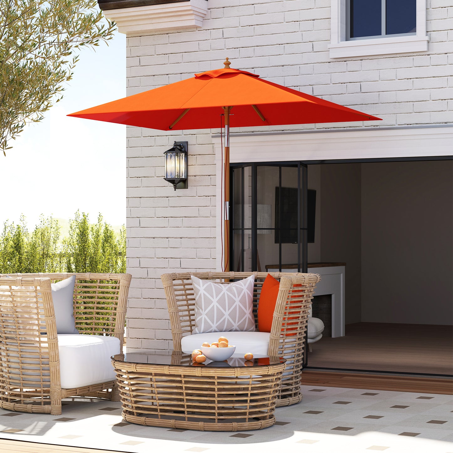 Wooden Patio Umbrella Market Parasol Outdoor Sunshade Orange