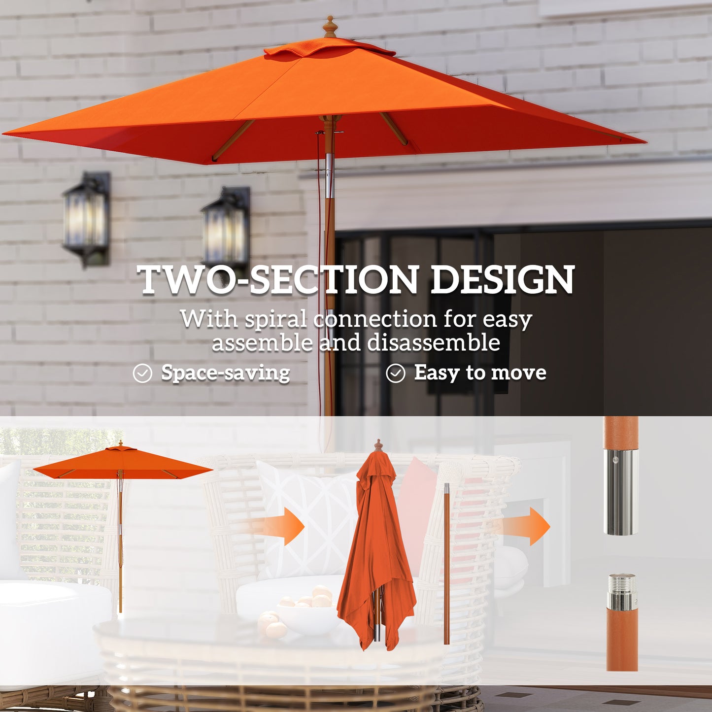 Wooden Patio Umbrella Market Parasol Outdoor Sunshade Orange
