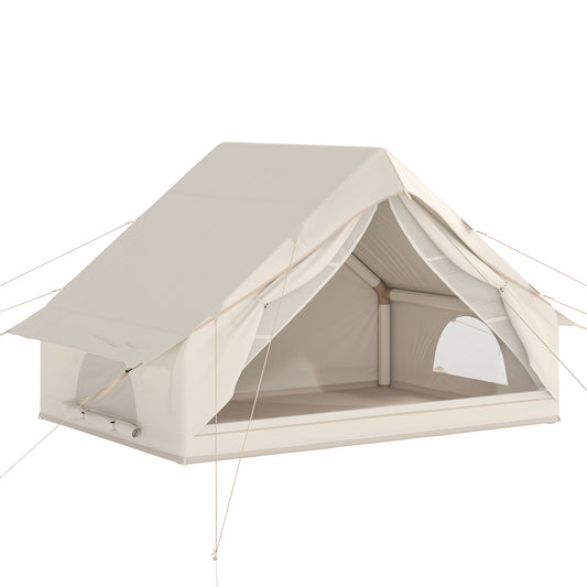 Inflatable Camping Tent with Air Pump, Easy Setup 2-4 Person Blow Up Glamping Tent, 3000mm Waterproof with Mesh Windows and Carry Bag, House Design for Family Weekend Camping, Beige