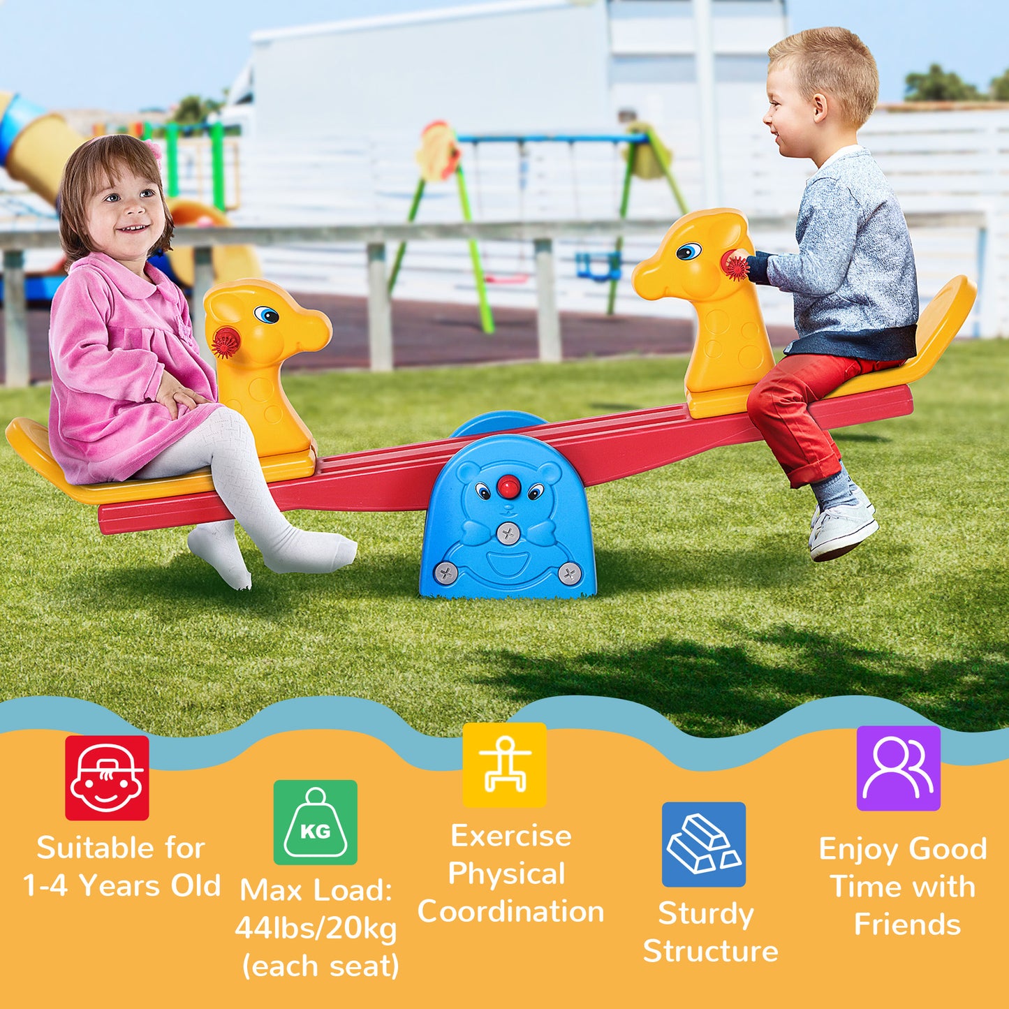 Kids Seesaw Safe Teeter Totter 2 Seats with Easy-Grip Handles Multicolor