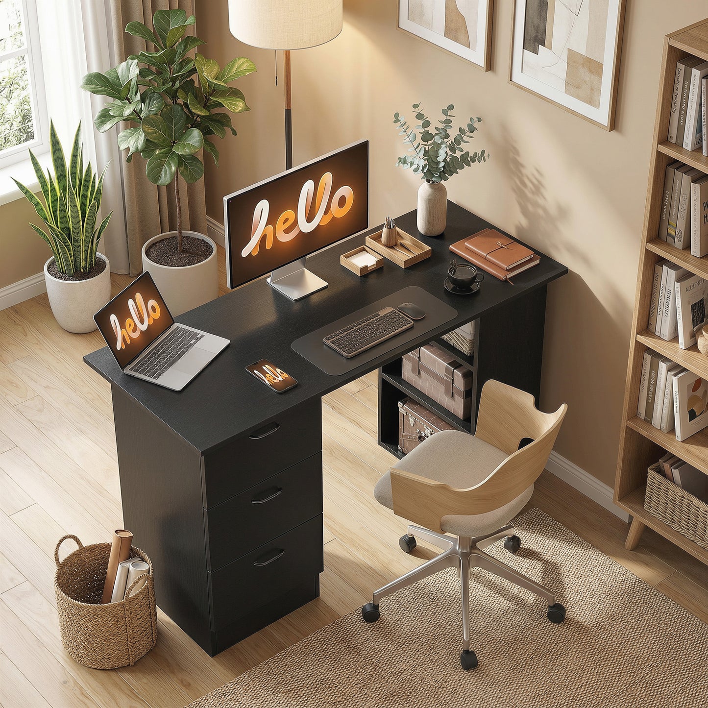 120cm PC Table Workstation Computer Desk w/ Drawers, 3 Shelves Black