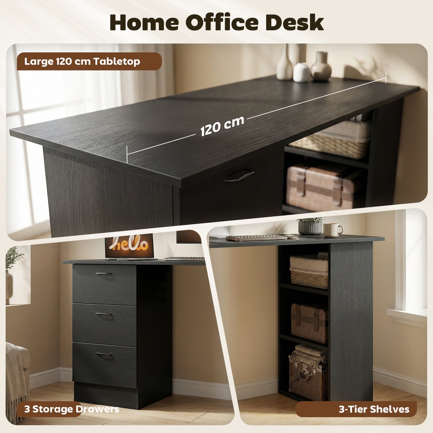 120cm PC Table Workstation Computer Desk w/ Drawers, 3 Shelves Black