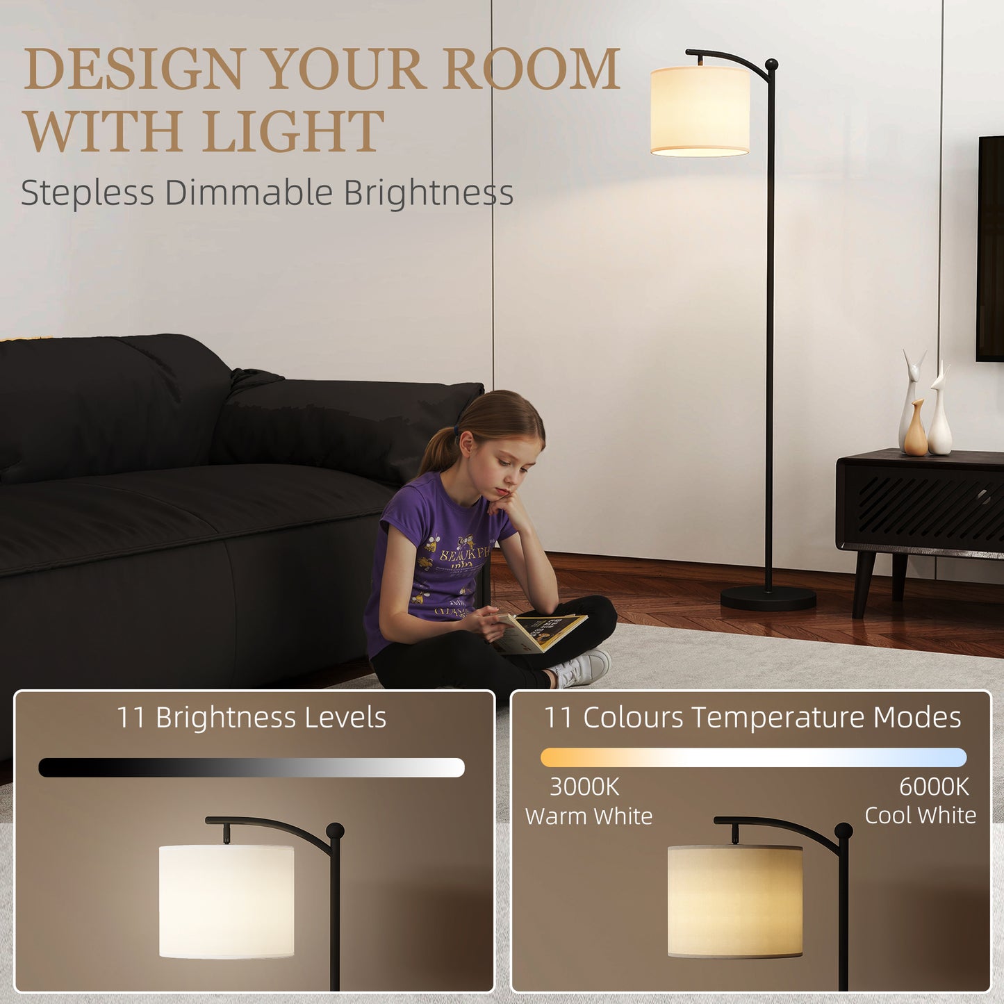 LED Floor Lamp with Dimmable Colours Temperature & Brightness, Black