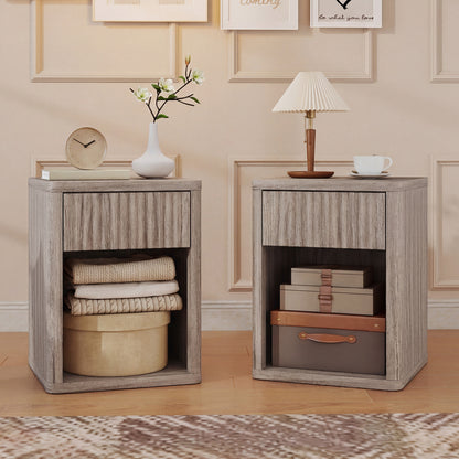 Modern Nightstand with Drawer and Open Shelf, Set of 2, Oak