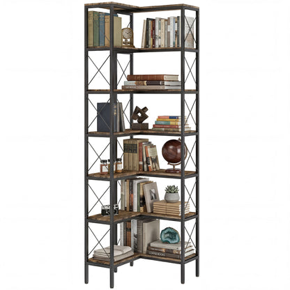 6-Tier Corner Bookshelf, L-Shaped Bookcase, Freestanding Display Shelf with Metal Frame for Living Room, Home Office, Bedroom, 60 x 60 x 200 cm, Rustic Brown