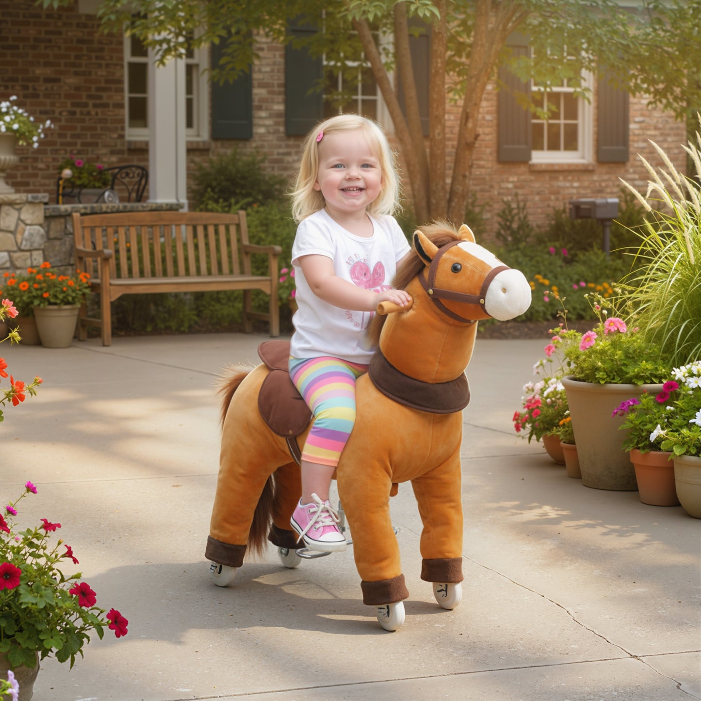 Ride On Horse, Mechanical Walking Horse Toy with Wheels and Saddle for Ages 3-5 Years Old, Action Plush Animal up to 55 Pounds, Brown