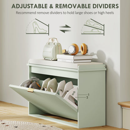 Shoe Storage Bench with Cushion and Flip-Drawer 80x26x47.5cm Green