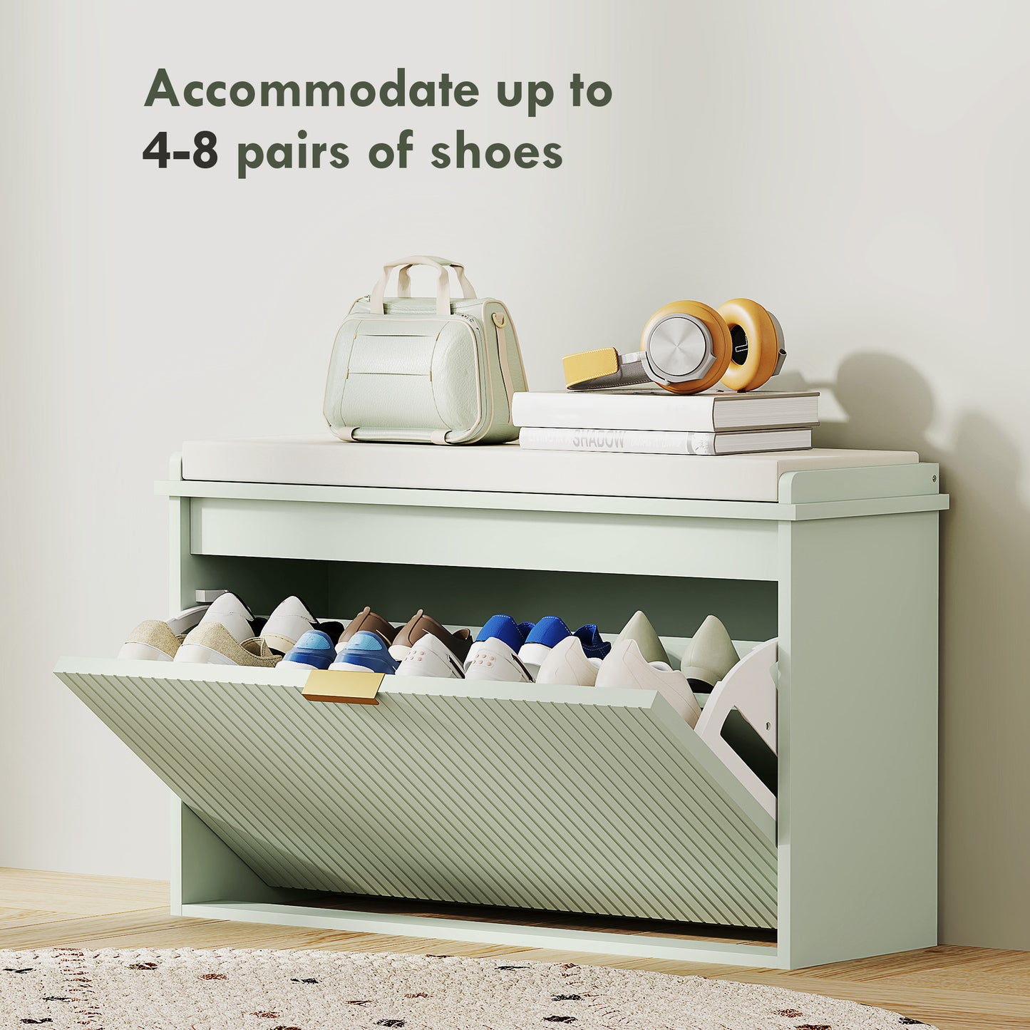 Shoe Storage Bench with Cushion and Flip-Drawer 80x26x47.5cm Green