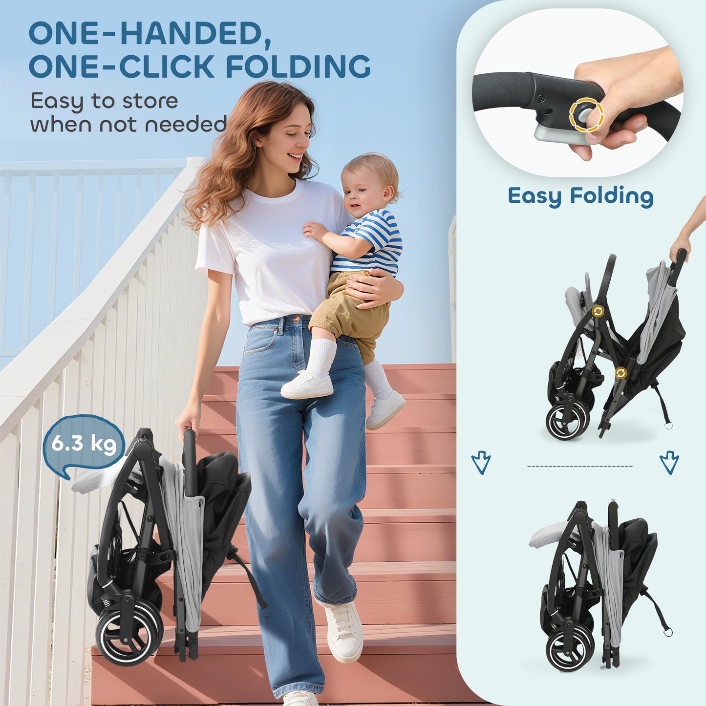 Travel Stroller with Easy Folding, Lightweight Pushchair Light Grey
