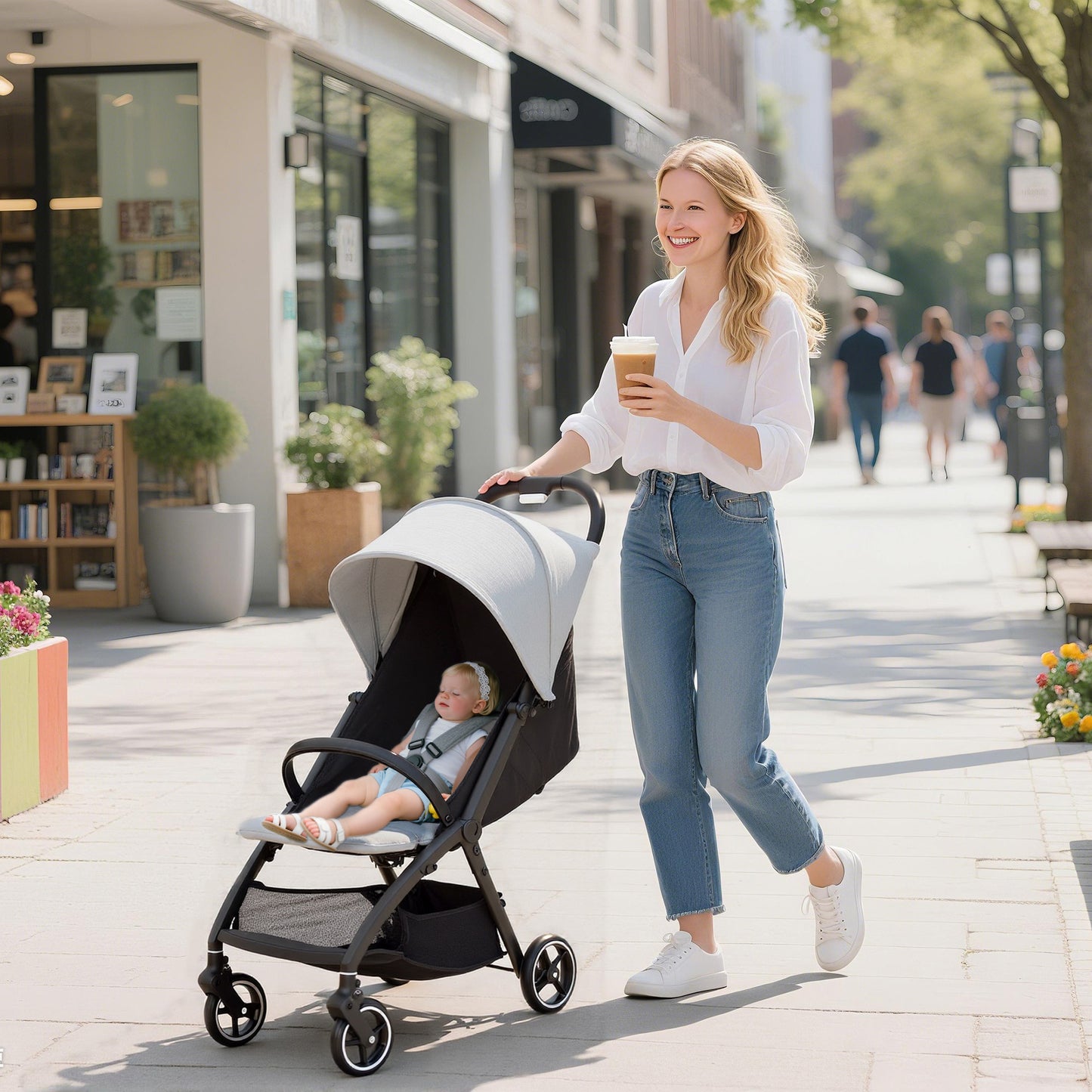 Travel Stroller with Easy Folding, Lightweight Pushchair Light Grey