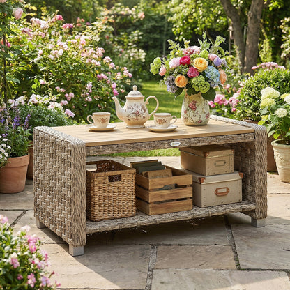 Outdoor Coffee Table with Storage Shelf and Slatted Top, Light Brown