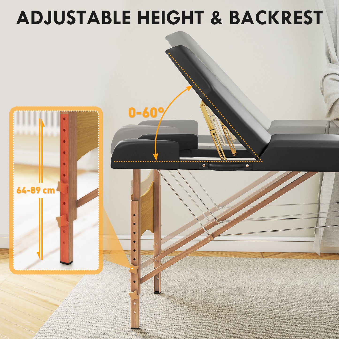 Foldable Massage Bed with Beech Wood Legs Face Cradle Armrests Black