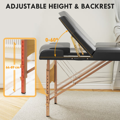 Foldable Massage Bed with Beech Wood Legs Face Cradle Armrests Black