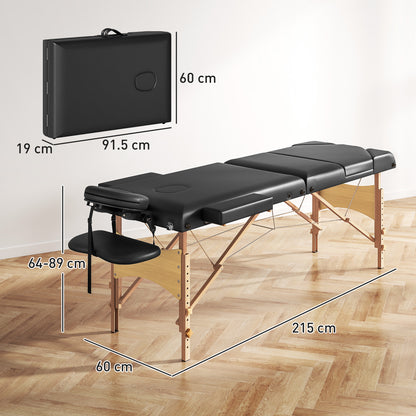 Foldable Massage Bed with Beech Wood Legs Face Cradle Armrests Black