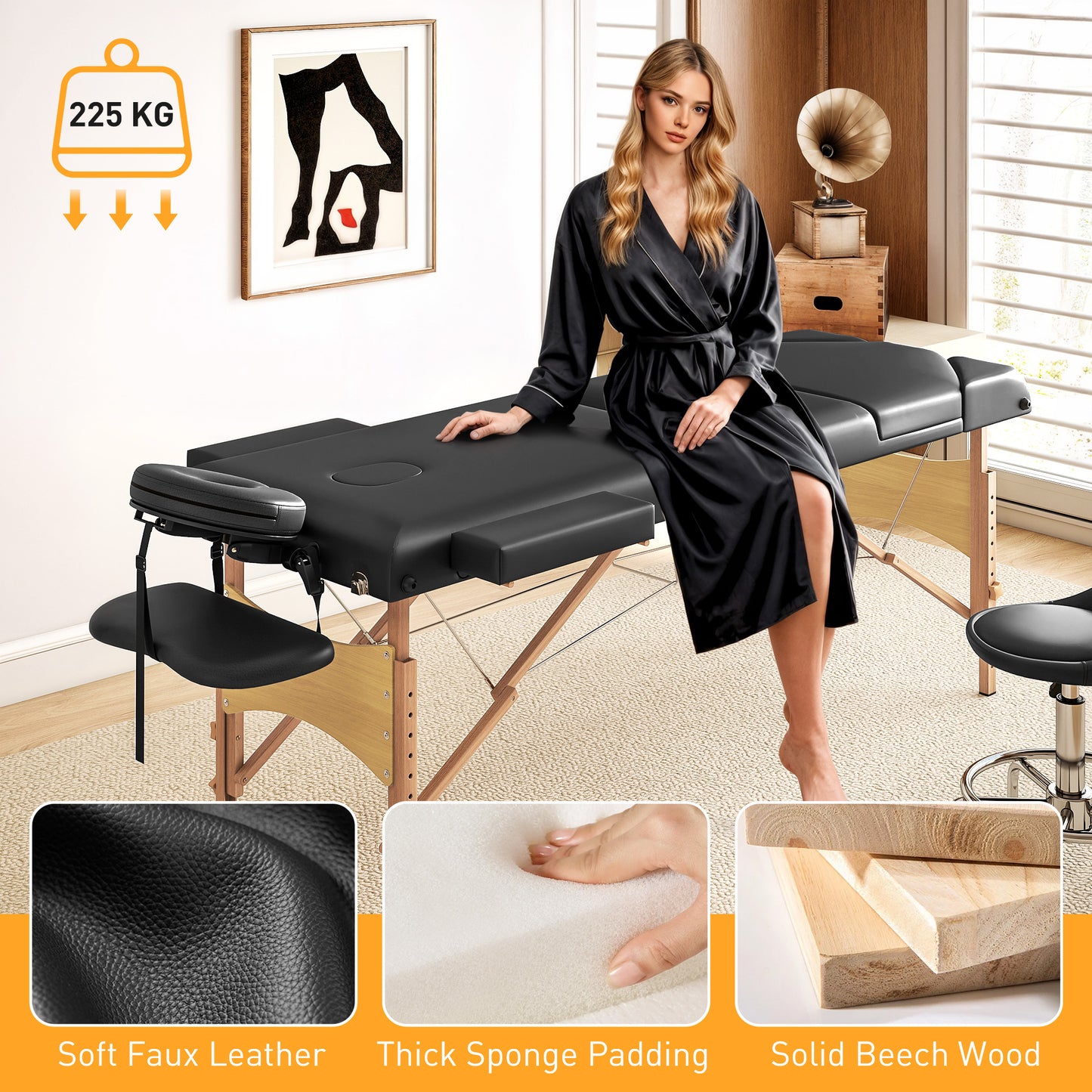 Foldable Massage Bed with Beech Wood Legs Face Cradle Armrests Black