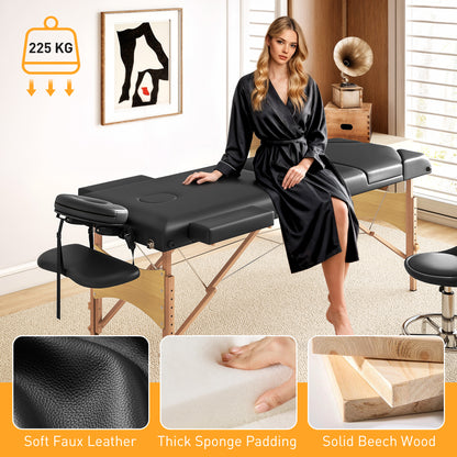 Foldable Massage Bed with Beech Wood Legs Face Cradle Armrests Black