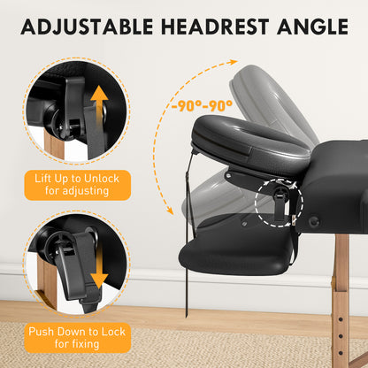Foldable Massage Bed with Beech Wood Legs Face Cradle Armrests Black