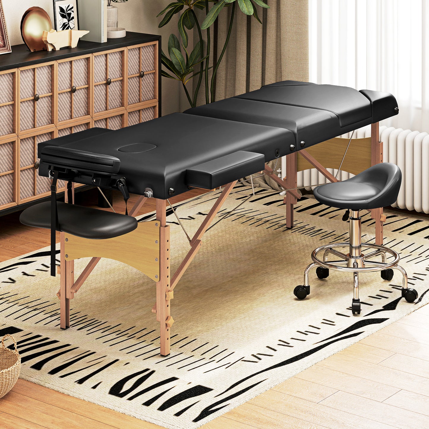 Foldable Massage Bed with Beech Wood Legs Face Cradle Armrests Black