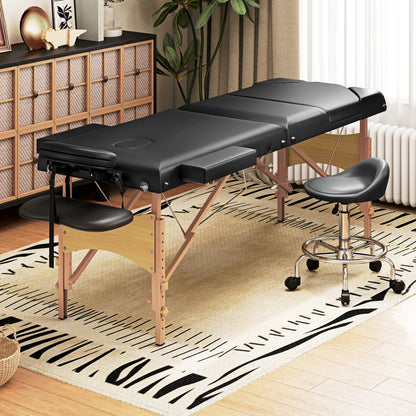 Foldable Massage Bed with Beech Wood Legs Face Cradle Armrests Black