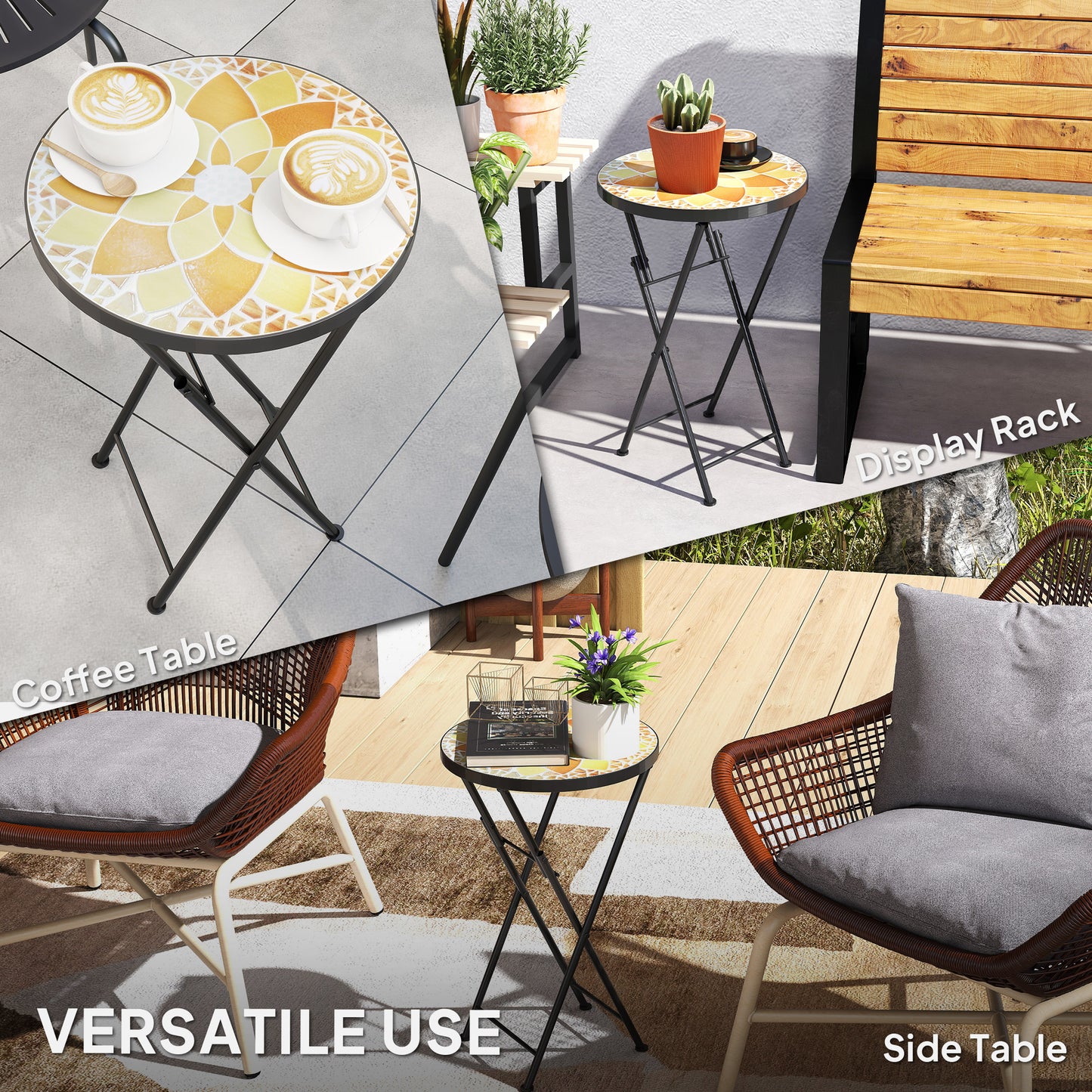 Mosaic Garden Table, 35.5cm Folding Coffee Table, Yellow
