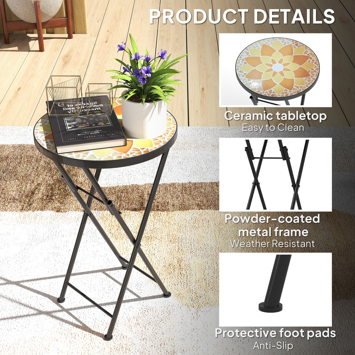 Mosaic Garden Table, 35.5cm Folding Coffee Table, Yellow