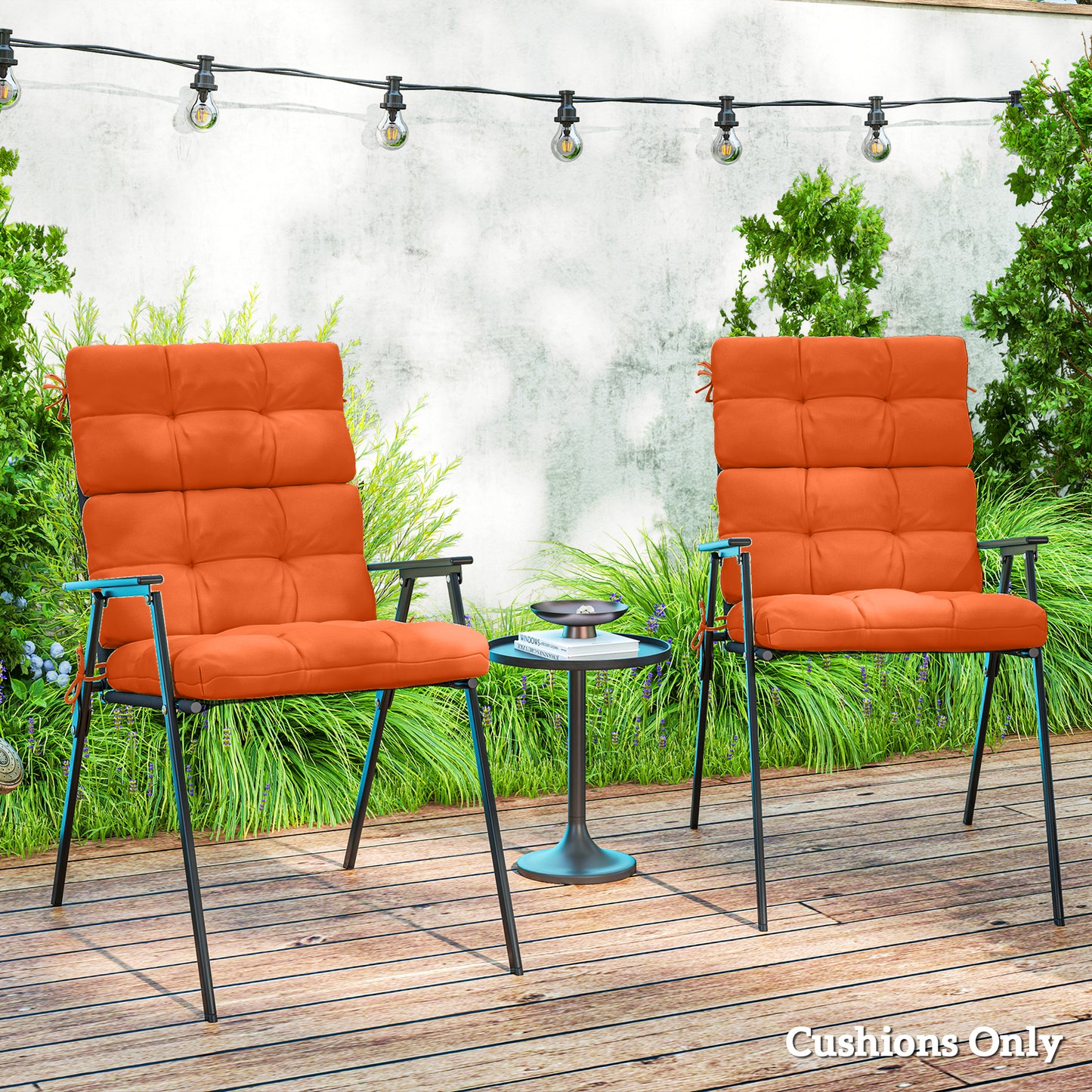2pc Outdoor Seat Cushion with Backrest, Ties, for Garden, Orange