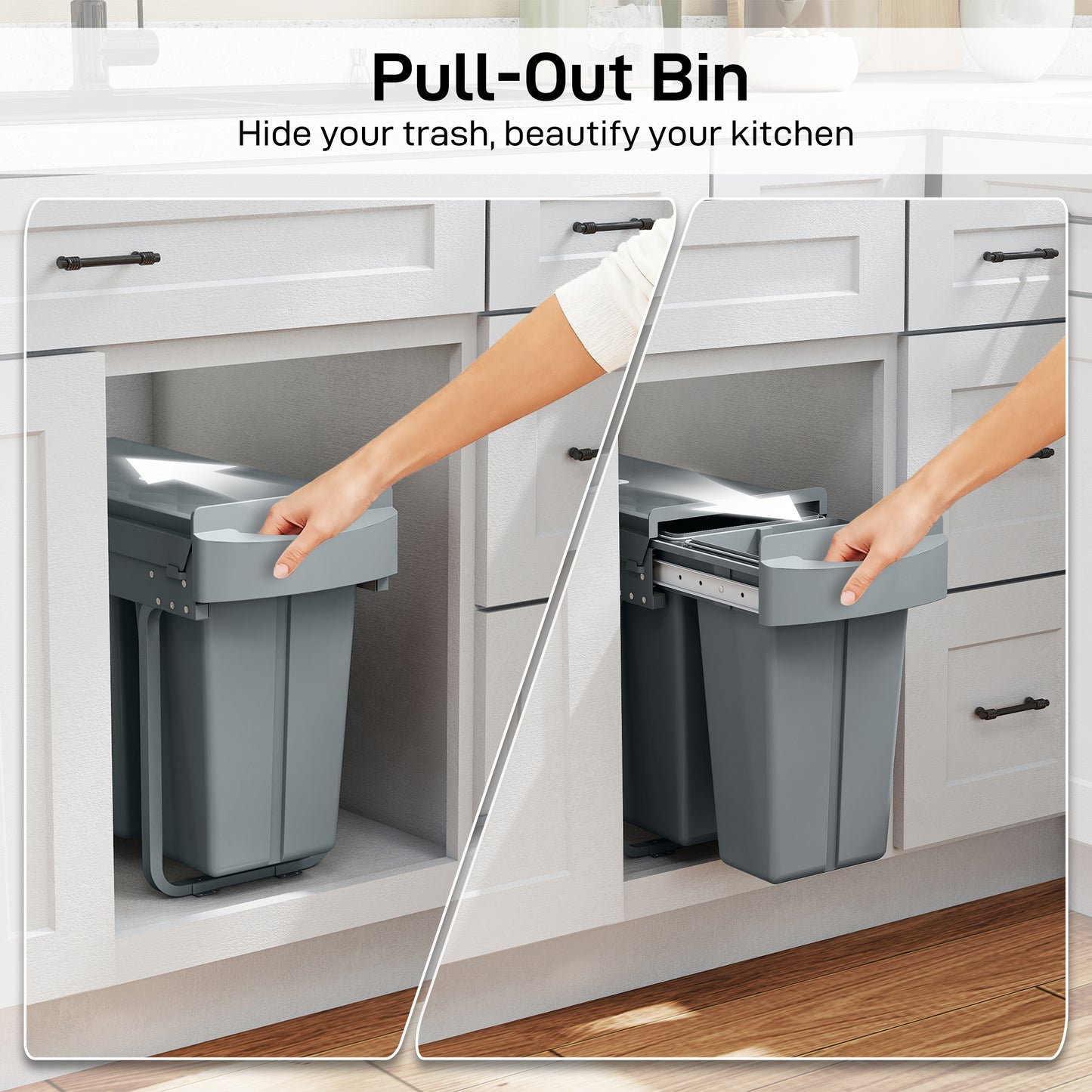Under-Sink Kitchen Trash Bin, 2 Removable Recycling Containers, 20L + 10L, Smooth Slide, Handle, Diamond Pattern Lid, Grey