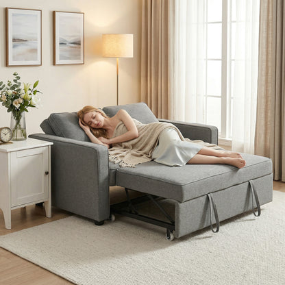 2 Seater Pull Out Sofa Bed with 2 Pillows, Fabric Click Clack Sofa Bed with Wood Core, Convertible Sleeper Sofa for Living Room, Bedroom, Grey
