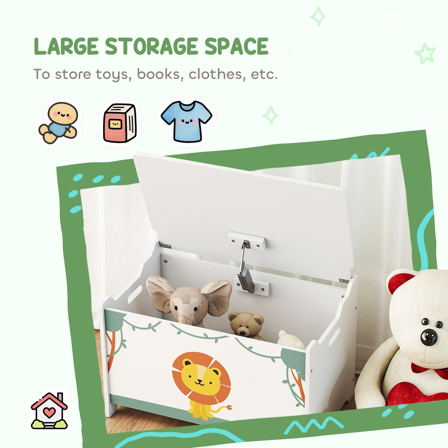 Toy Box with Lid, Safety Hinges for Kids, Nursery, Bedroom, Green
