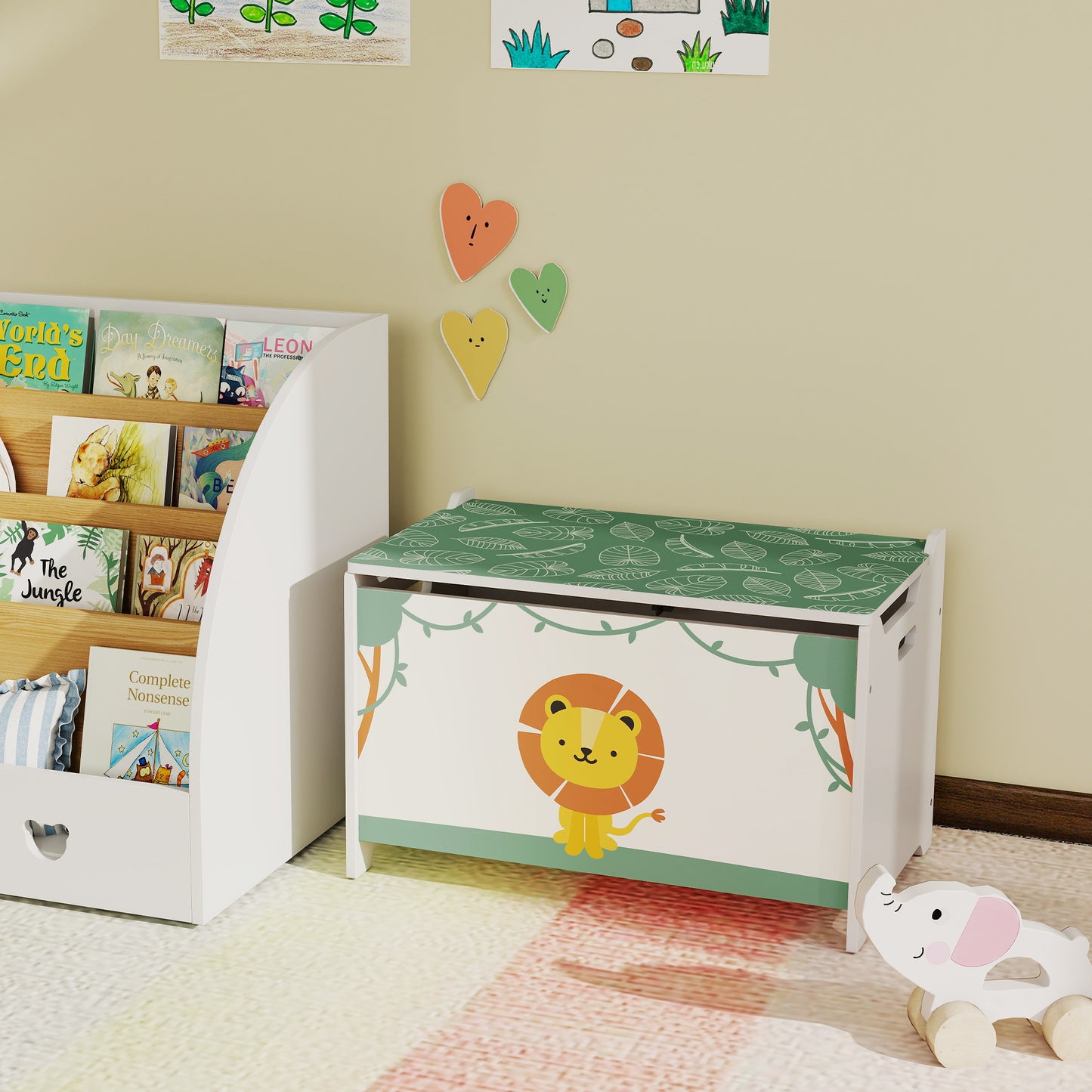 Toy Box with Lid, Safety Hinges for Kids, Nursery, Bedroom, Green